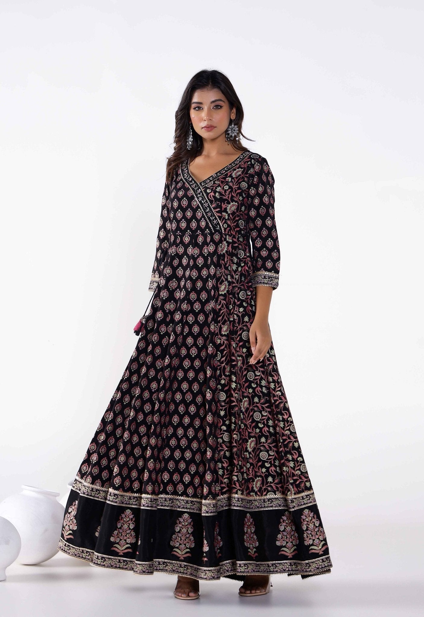 Floral Buti Printed long Anarkali dress With Pants and Printed Doriya Dupatta (3pc Set) - Tara-C-Tara