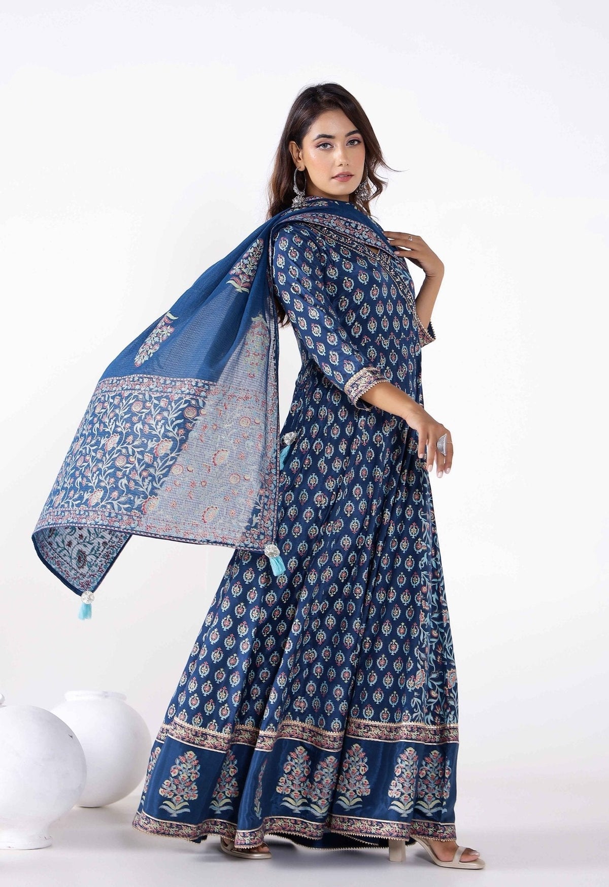 Floral Buti Printed long Anarkali dress With Pants and Printed Doriya Dupatta (3pc Set) - Tara-C-Tara