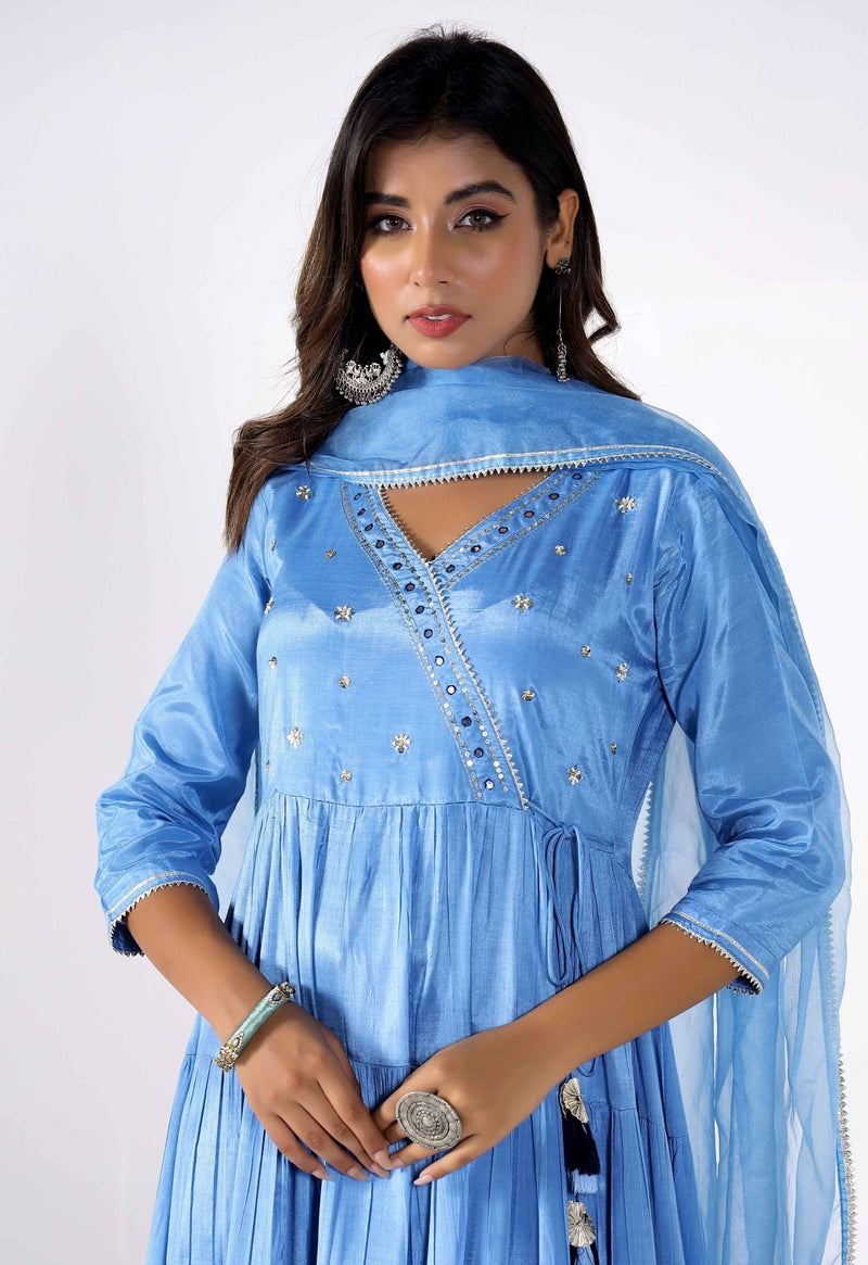 Fresh Blue Tiered gathered Kurta with palazzo and Organza Dupatta (3 p