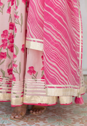 Fuscia Floral Printed Long Dress with Doriya Dupatta ( 2pc Set) - Tara-C-Tara