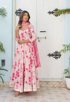 Fuscia Floral Printed Long Dress with Doriya Dupatta ( 2pc Set) - Tara-C-Tara