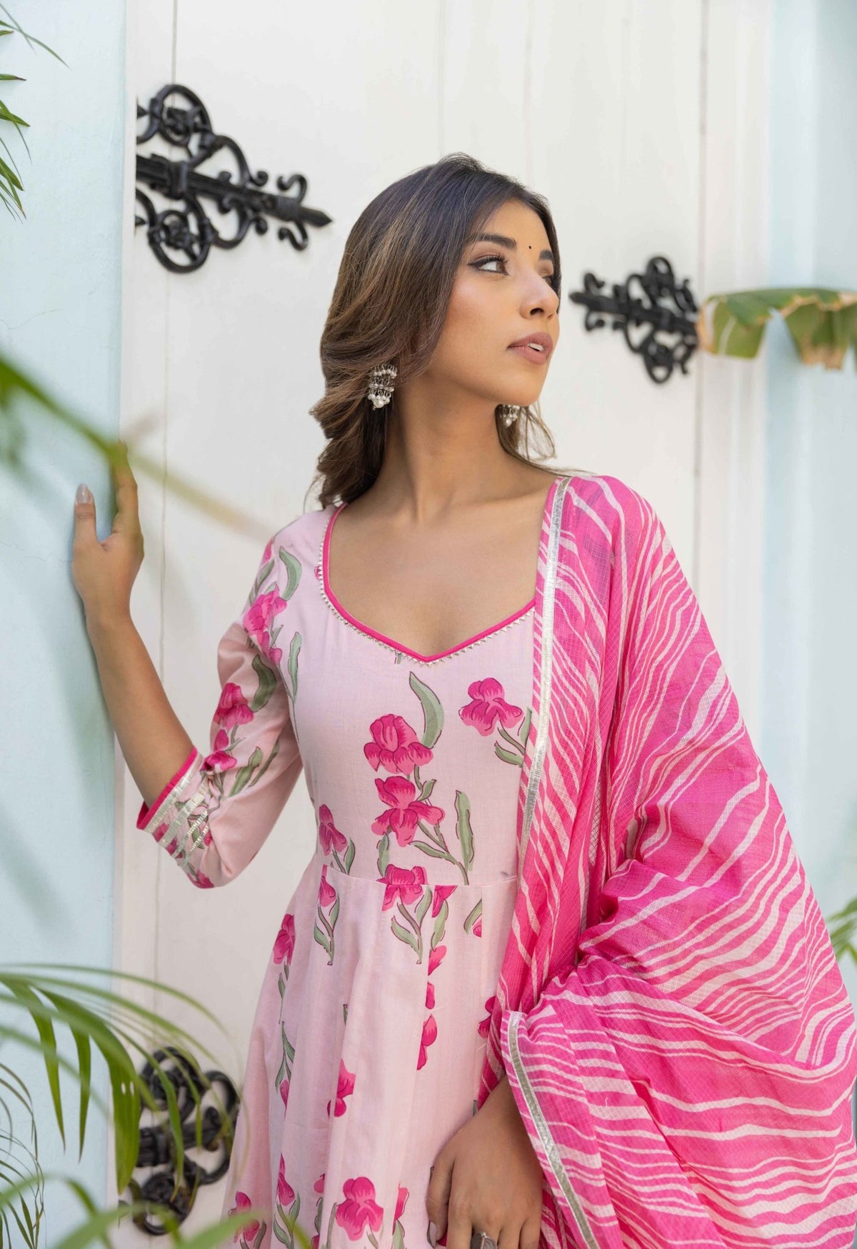 Fuscia Floral Printed Long Dress with Doriya Dupatta ( 2pc Set) - Tara-C-Tara