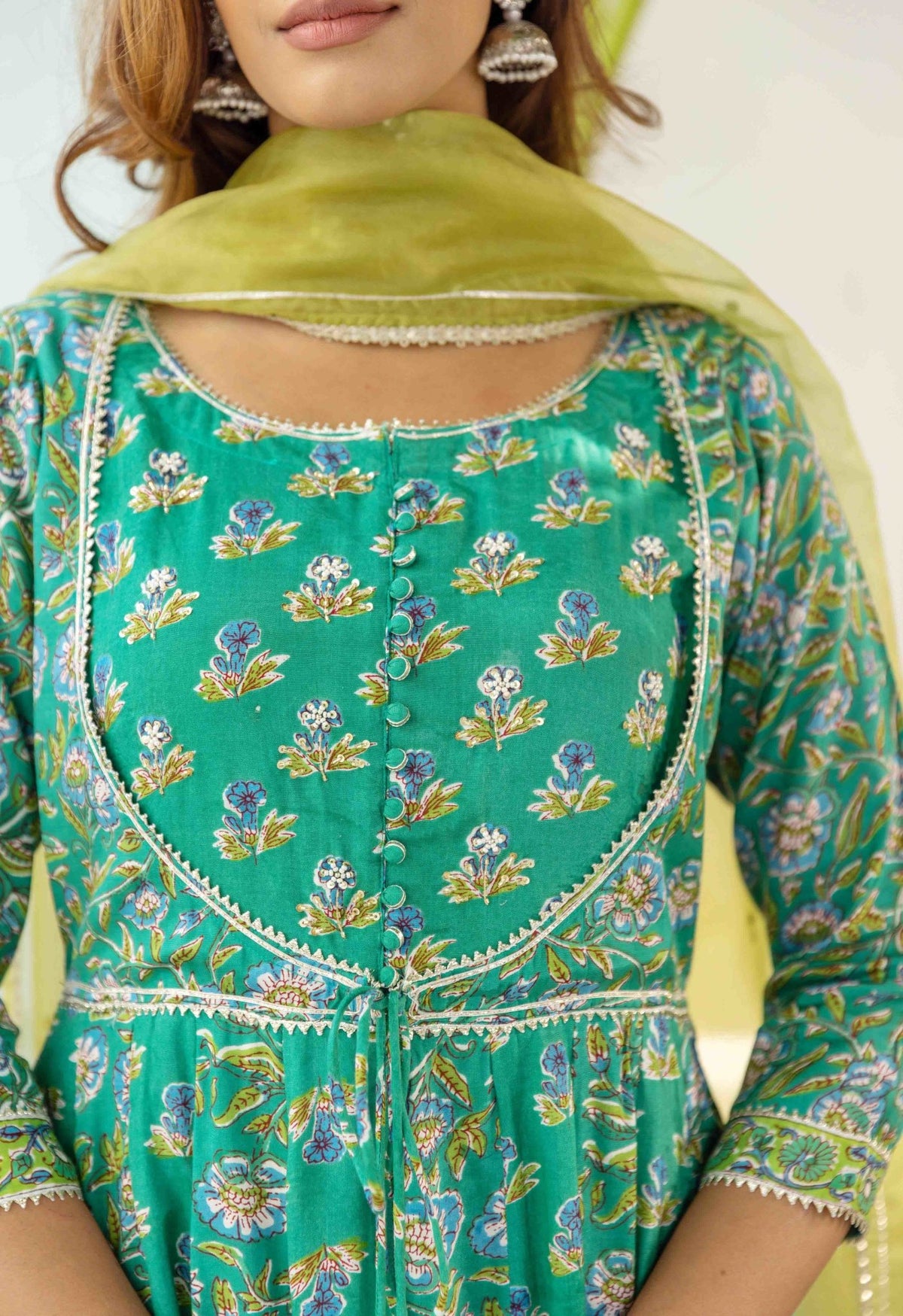 Green floral flared gown with organza dupatta (2pc) - Tara-C-Tara