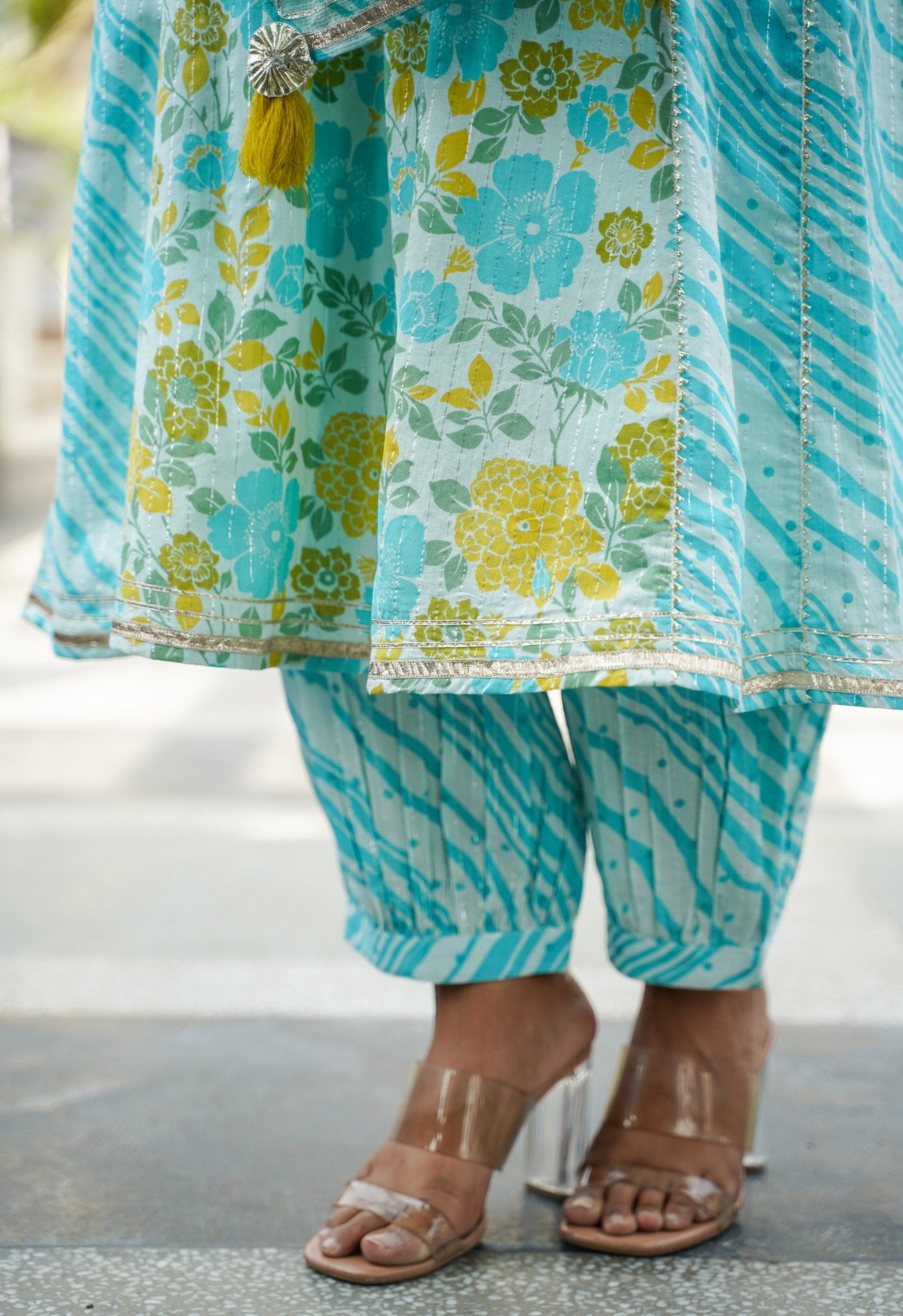 Green Floral Printed kurti with Afghani Pants and Doriya Dupatta (3pc Set) - Tara-C-Tara