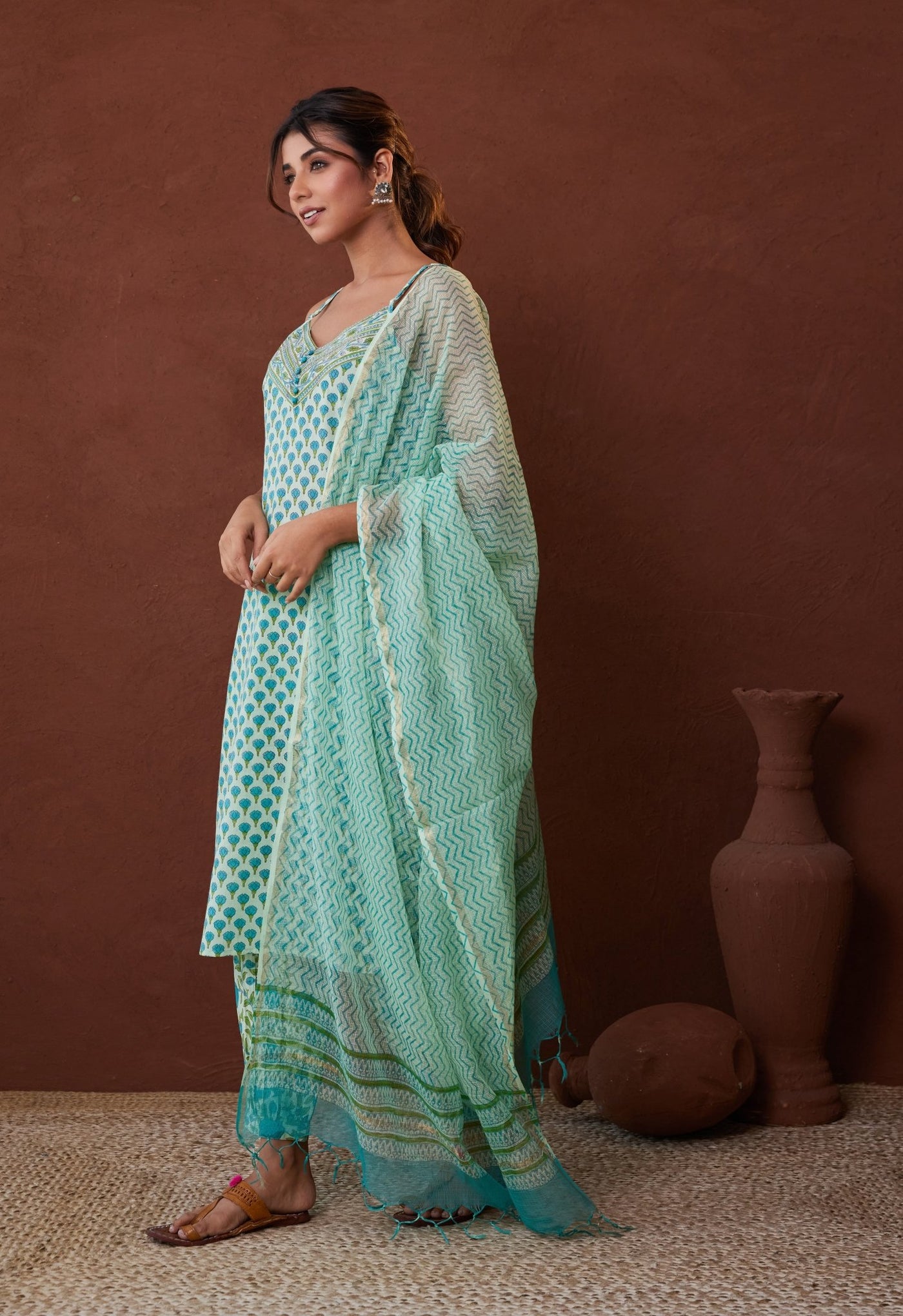 White Strappy Suit Set with Doriya Dupatta