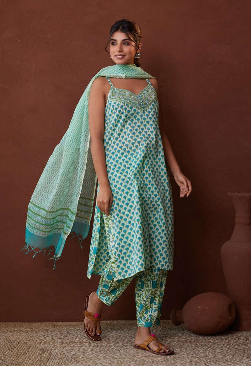 Blue Strappy Suit Set with Doriya Dupatta main image 1