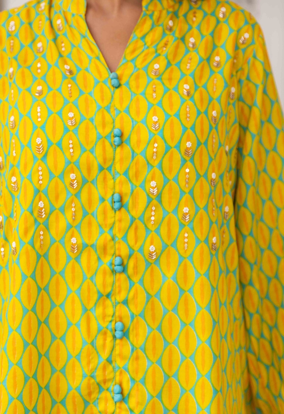 Hand Embroidered Lime Yellow And turquoise eye print Art Silk Co-ord set - Tara-C-Tara