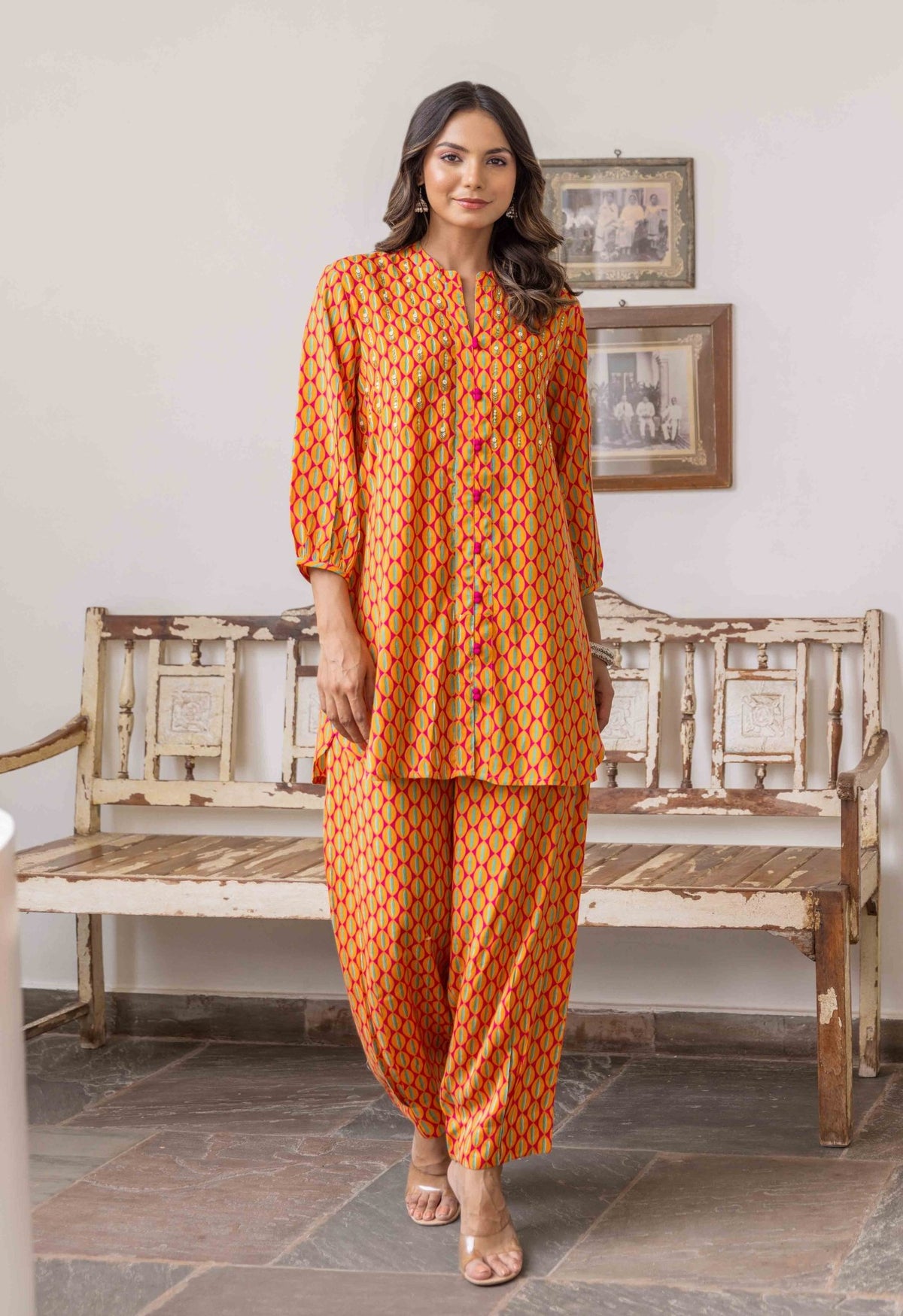 Hand Embroidered Orange Fuchsia Pink print Art Silk Co-ord set - Tara-C-Tara