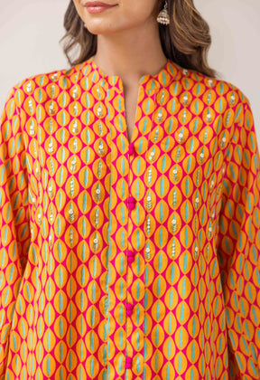 Hand Embroidered Orange Fuchsia Pink print Art Silk Co-ord set - Tara-C-Tara