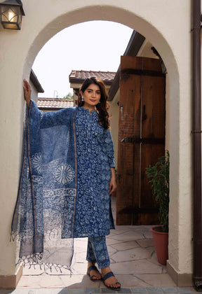 Indigo Hand Block Cotton Straight Suit Set - Tara-C-Tara