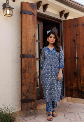 Indigo Hand Block Straight Co-ord Set - Tara-C-Tara