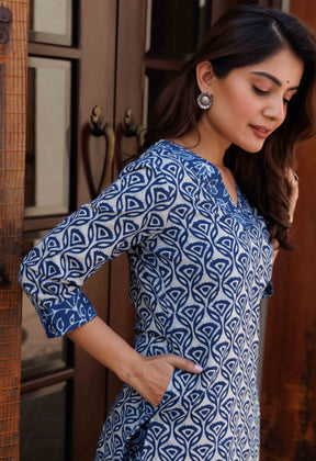 Indigo Hand Block Straight Co-ord Set - Tara-C-Tara