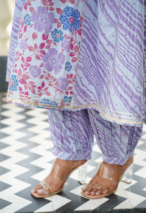 Lavender floral kurti with afghani pants with Dupatta (3pc Set) - Tara-C-Tara