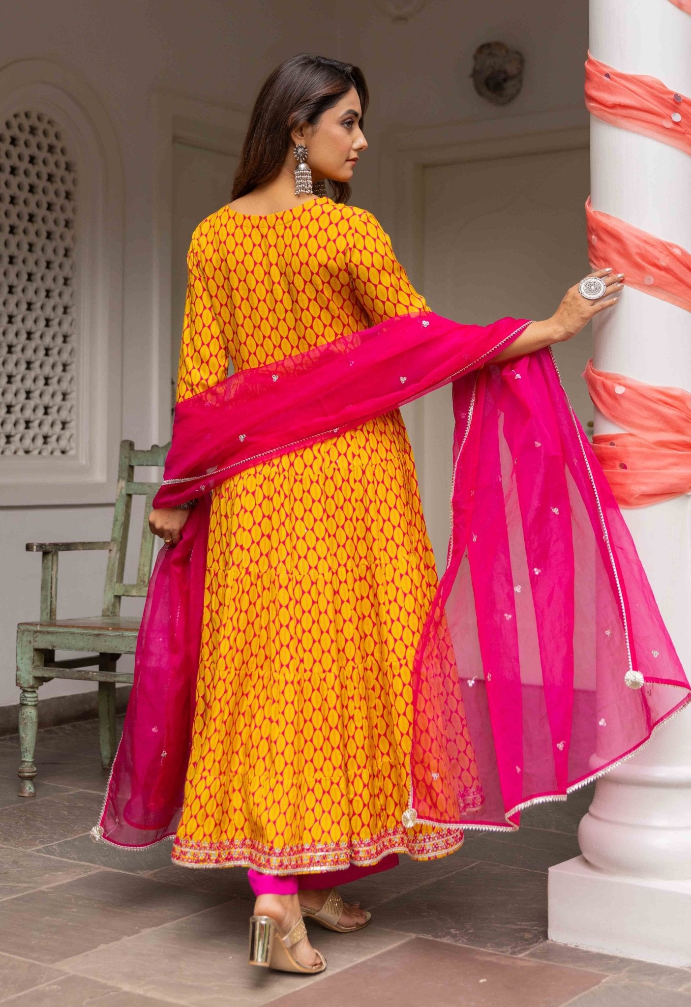 Marigold Yellow and fuchsia pink eye printed tiered dress with palazzo and organza dupatta (3pc set) - Tara-C-Tara