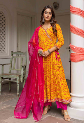 Marigold Yellow and fuchsia pink eye printed tiered dress with palazzo and organza dupatta (3pc set) - Tara-C-Tara