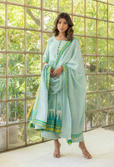 Mint green flared kurta with pants and doriya dupatta (3 pc set) - Tara-C-Tara