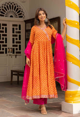 Orange and fuchsia pink eye printed tiered dress with palazzo and organza dupatta (3pc set) - Tara-C-Tara