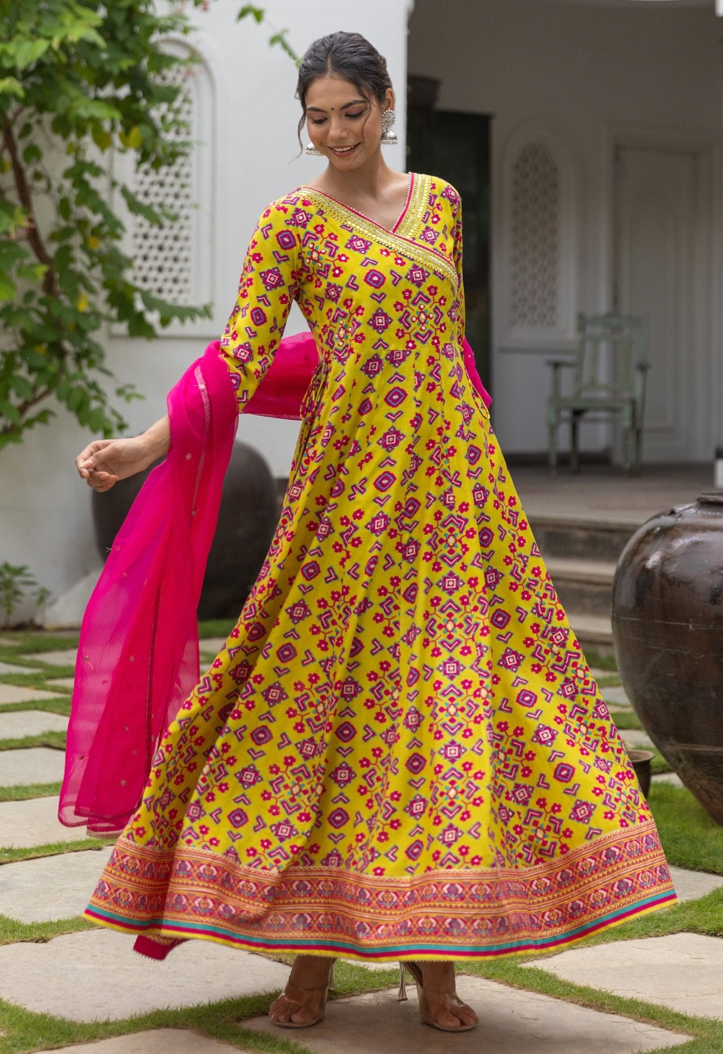 Patola Yellow Anarkali Long dress with organza dupatta - Tara-C-Tara