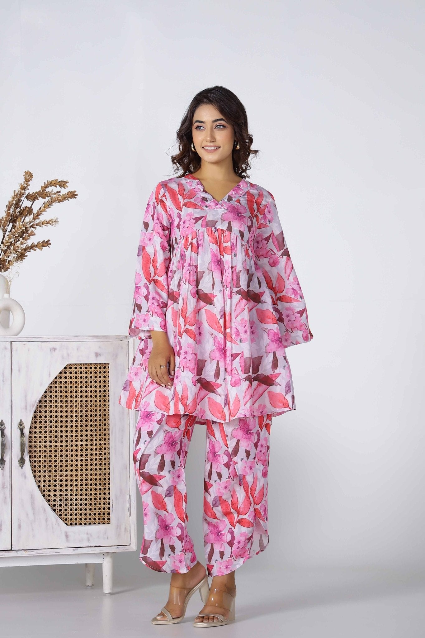 Pink Floral Digital Print gathered top and wrap dhoti pants Co-ord set - Tara-C-Tara