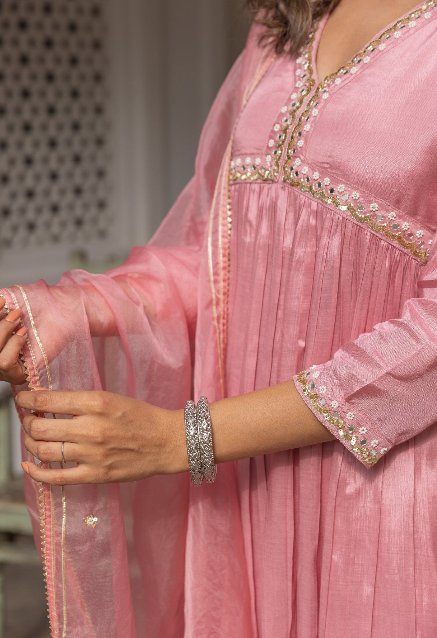 Pink Hand Embroidered kurta set with Dupatta - Tara-C-Tara