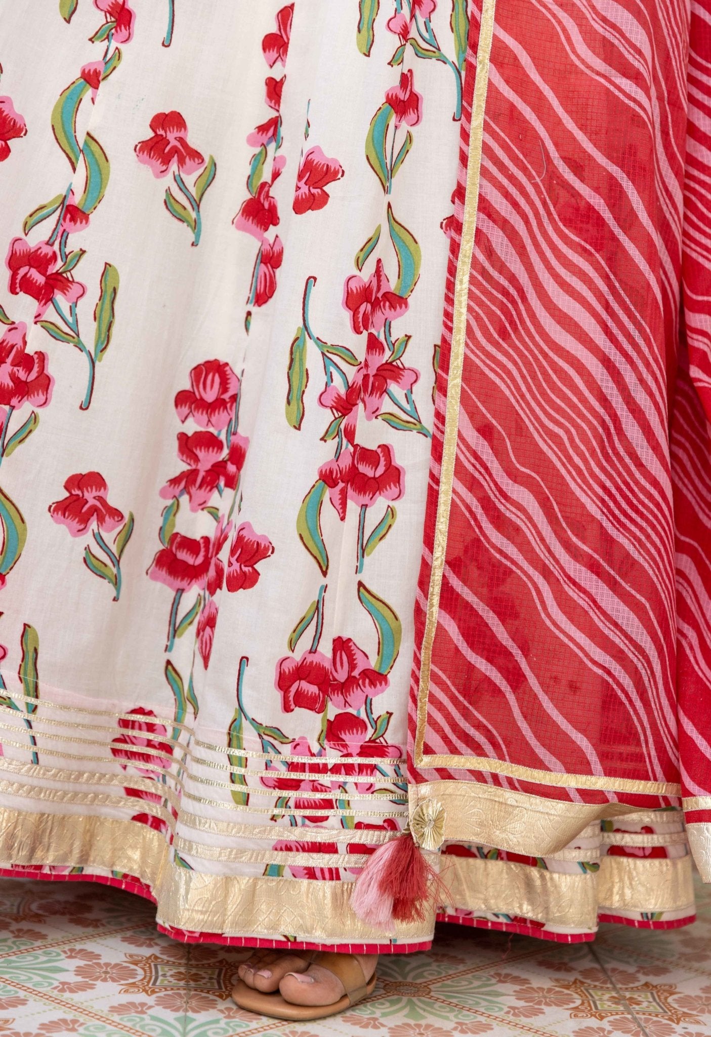 Red Rose Floral Printed Long Dress with Doriya Dupatta ( 2pc Set) - Tara-C-Tara