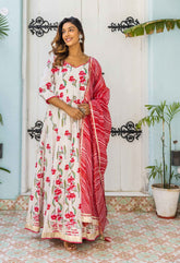 Red Rose Floral Printed Long Dress with Doriya Dupatta ( 2pc Set) - Tara-C-Tara