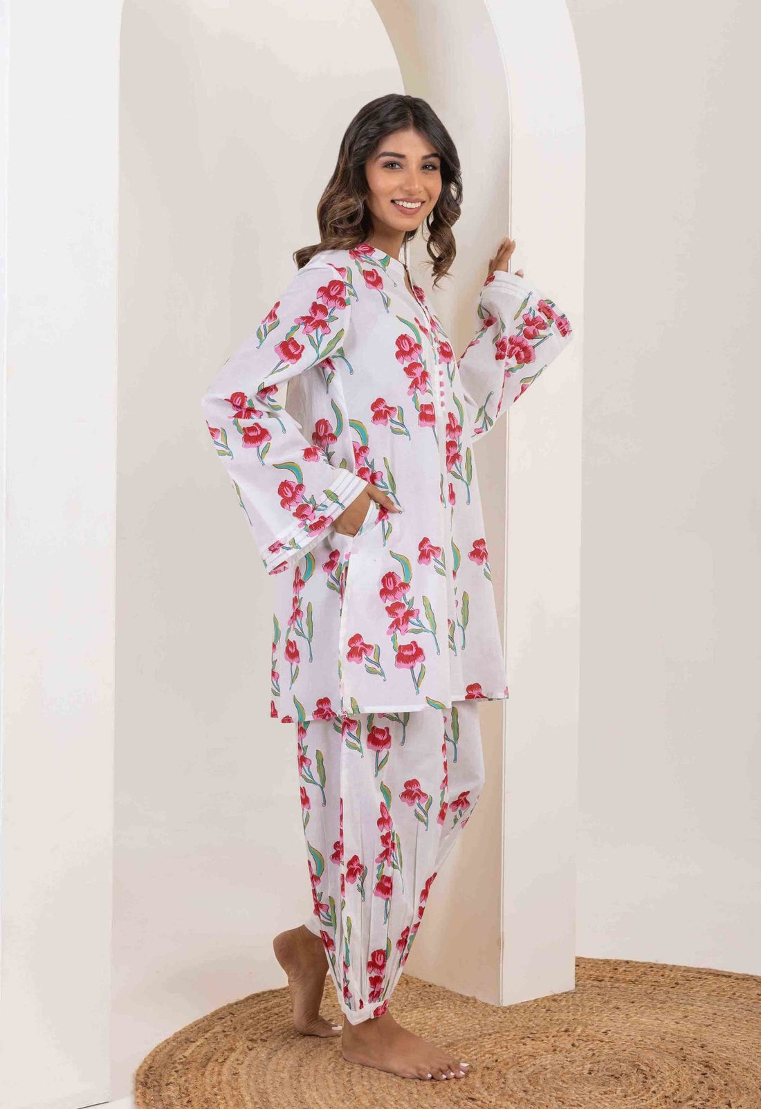 Off White Printed Flower Collared Co-ord Set main image 0