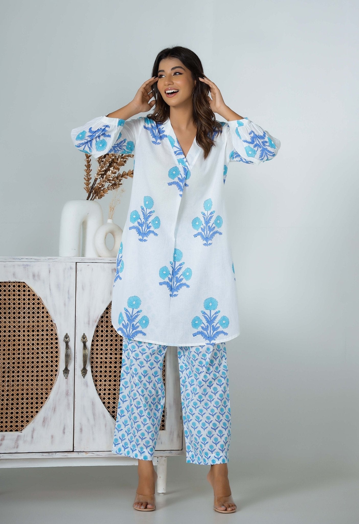 Turquoise Hand Block Printed Floral Co-ord Set (2pc) - Tara-C-Tara