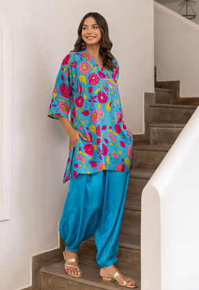 Turquoise Hand Embroidered Peppy Floral Co-ord set - Tara-C-Tara