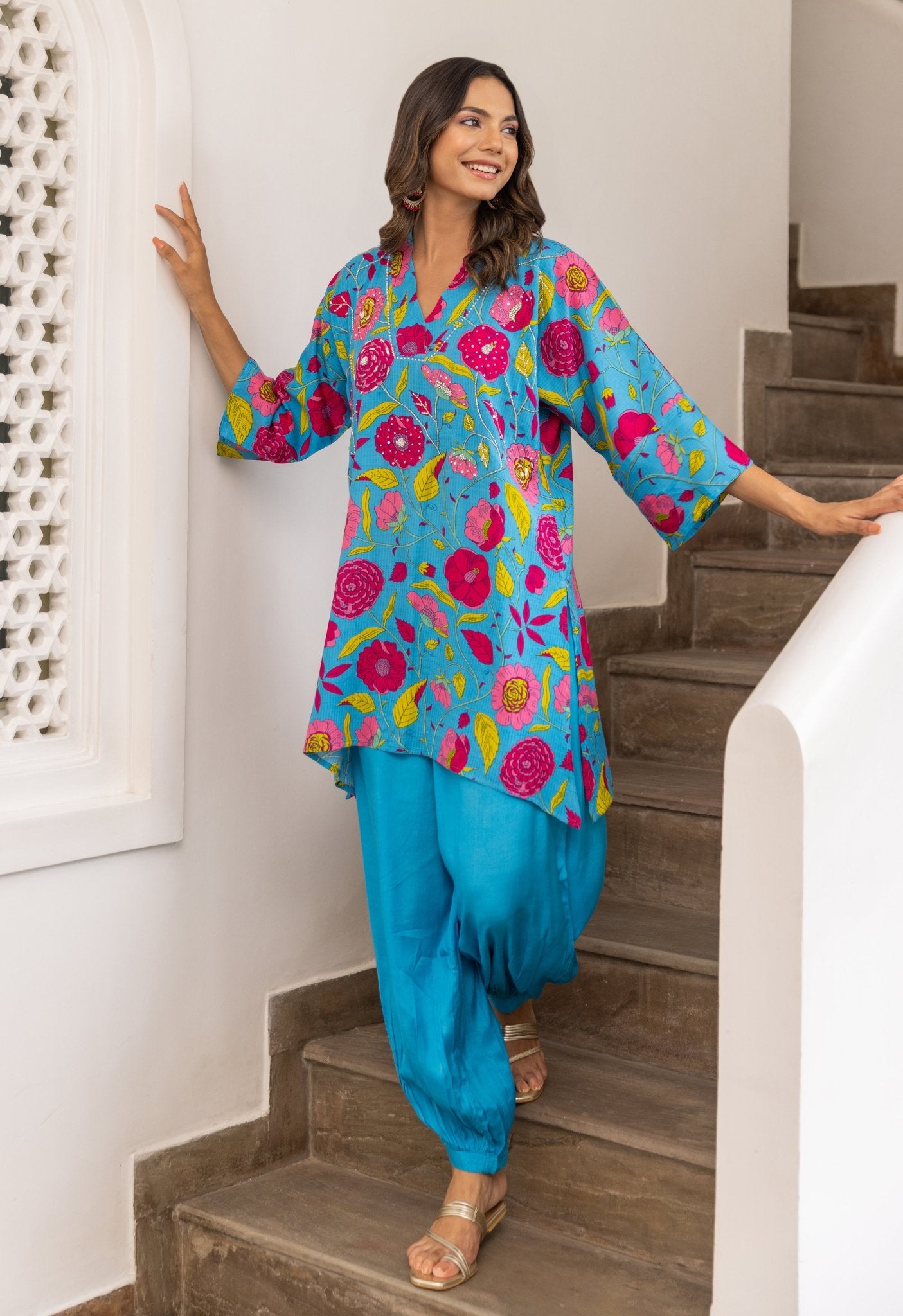 Turquoise Hand Embroidered Peppy Floral Co-ord set - Tara-C-Tara