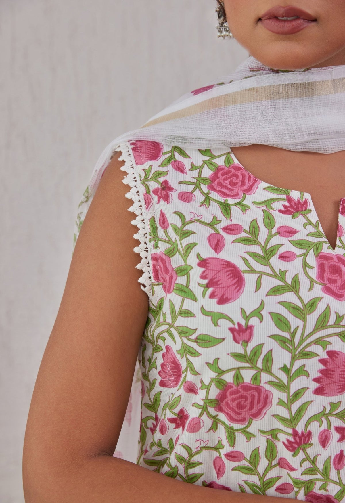 White Floral Hand Block Printed Kurta Set With Dupatta