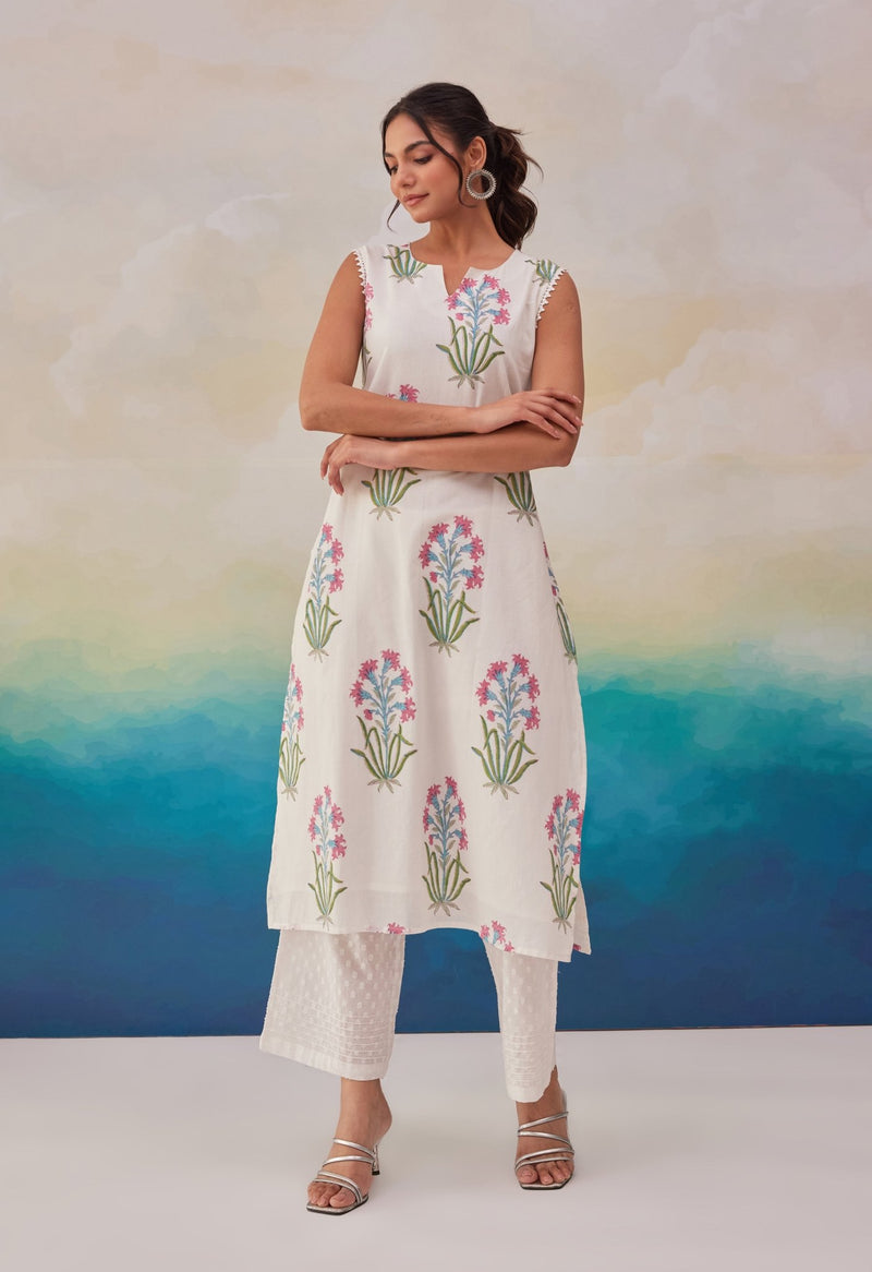 White Mughal Hand-block Printed kurta Pant Co-ord Set main image 1