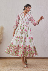 WHITE HAND BLOCK PRINTED TIERED DRESS - Tara-C-Tara